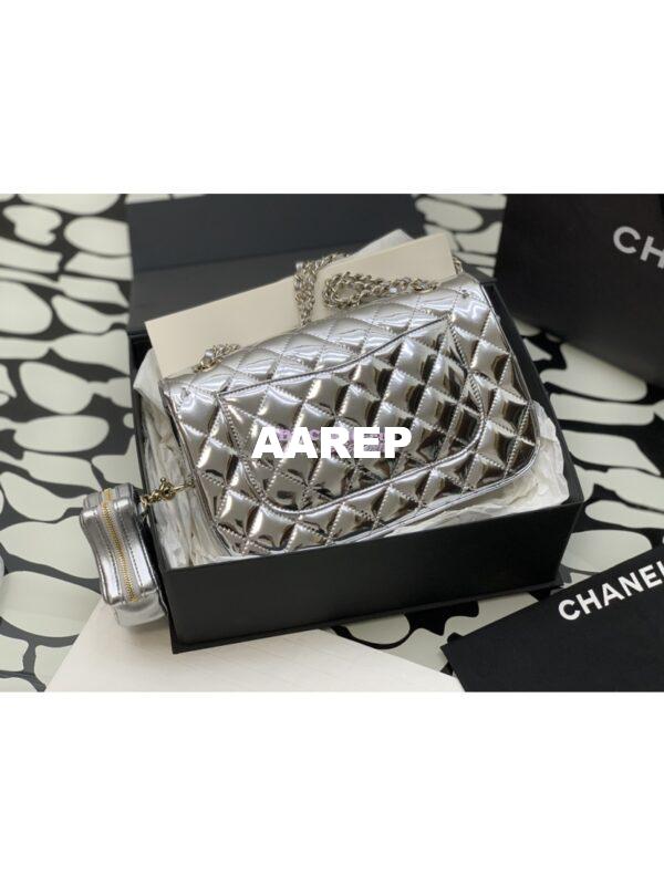 Replica Chanel Flap Bag & Star Coin Purse Mirror Calfskin Metallic Calfskin AS4648 Silver 7