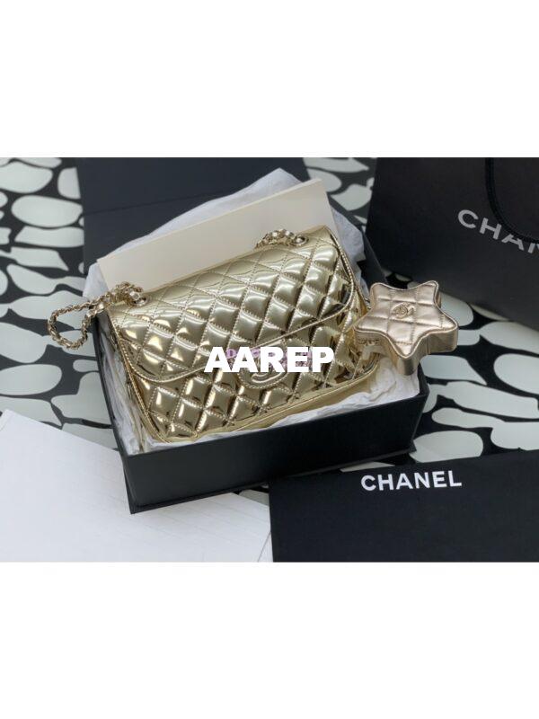 Replica Chanel Flap Bag & Star Coin Purse Mirror Calfskin Metallic Calfskin AS4648 Gold 3