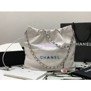 Replica Chanel 22 Handbag Shiny Calfskin & Rainbow Metal AS3260 AS3261 White