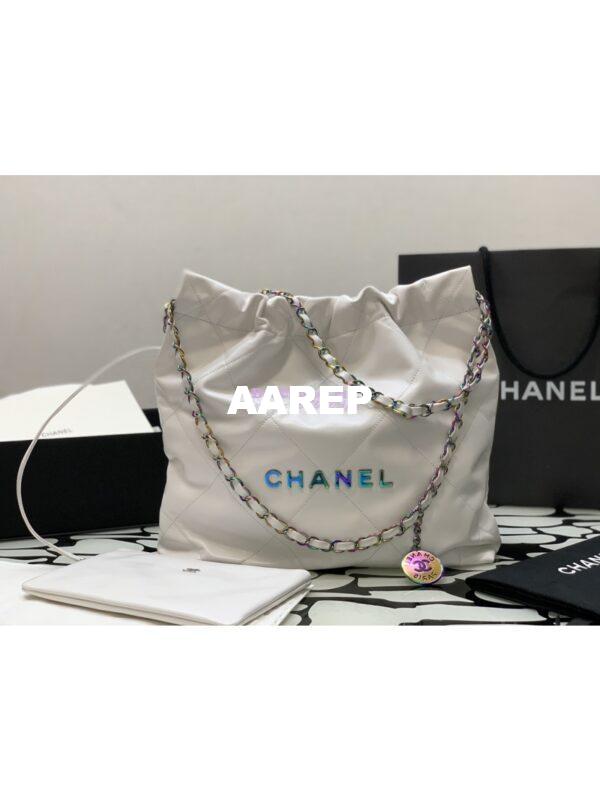 Replica Chanel 22 Handbag Shiny Calfskin & Rainbow Metal AS3260 AS3261 White