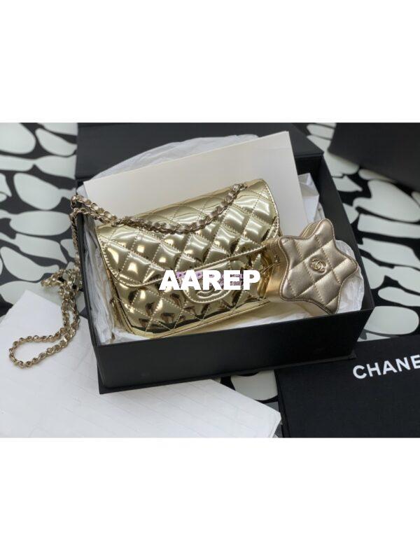 Replica Chanel Mini Flap Bag & Star Coin Purse in Mirror Calfskin Metallic Calfskin AS4647 Gold
