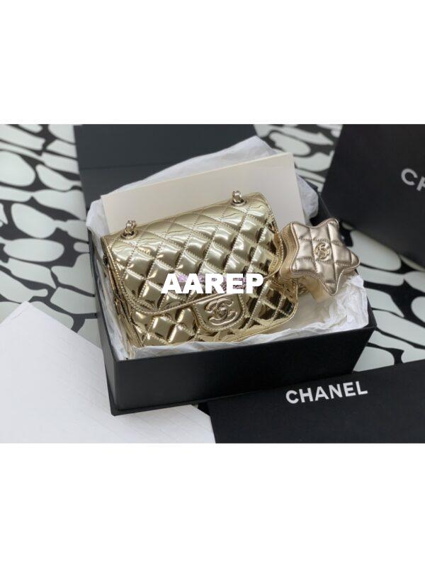 Replica Chanel Mini Flap Bag & Star Coin Purse in Mirror Calfskin Metallic Calfskin AS4647 Gold 10