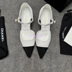 Replica Chanel 25P Mary Jane Pointed Pumps 65mm Satin and Grossgrain G46377 White 2
