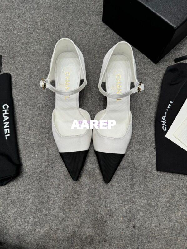 Replica Chanel 25P Mary Jane Pointed Pumps 65mm Satin and Grossgrain G46377 White 4
