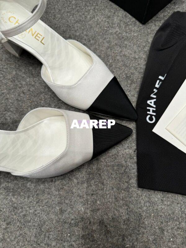 Replica Chanel 25P Mary Jane Pointed Pumps 65mm Satin and Grossgrain G46377 White 5