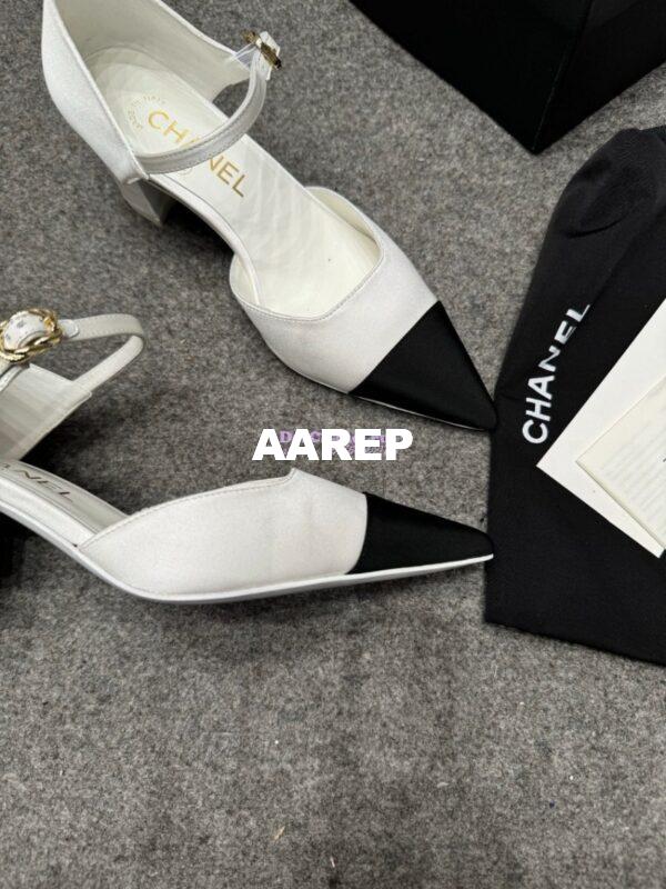 Replica Chanel 25P Mary Jane Pointed Pumps 65mm Satin and Grossgrain G46377 White 6