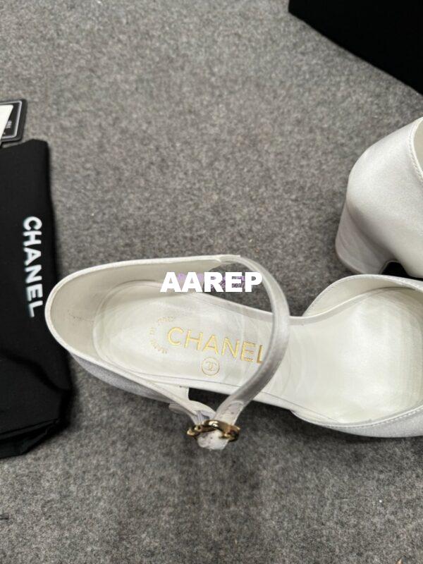 Replica Chanel 25P Mary Jane Pointed Pumps 65mm Satin and Grossgrain G46377 White 7