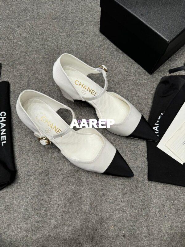 Replica Chanel 25P Mary Jane Pointed Pumps 65mm Satin and Grossgrain G46377 White 8