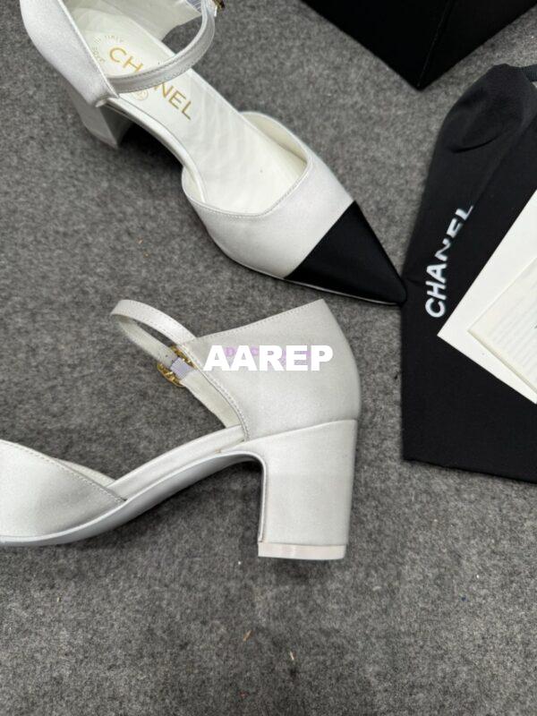 Replica Chanel 25P Mary Jane Pointed Pumps 65mm Satin and Grossgrain G46377 White 9