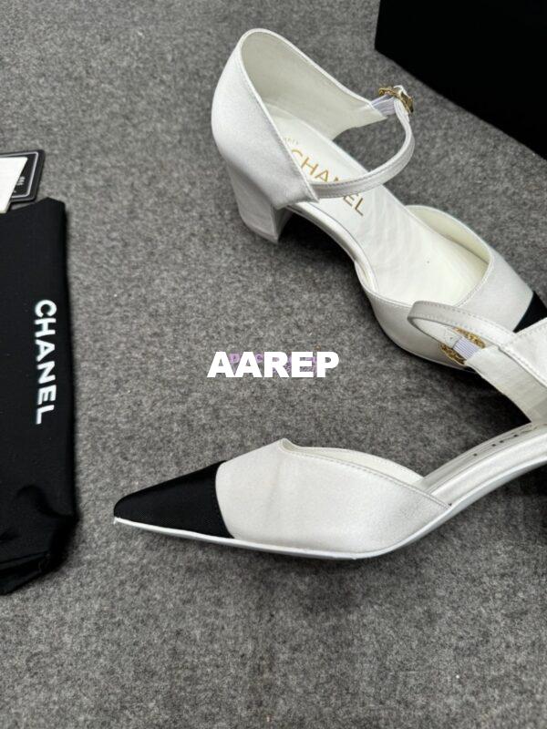 Replica Chanel 25P Mary Jane Pointed Pumps 65mm Satin and Grossgrain G46377 White 10