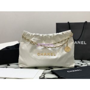 Replica Chanel 22 Handbag Shiny Calfskin & Gold Metal AS4486 White