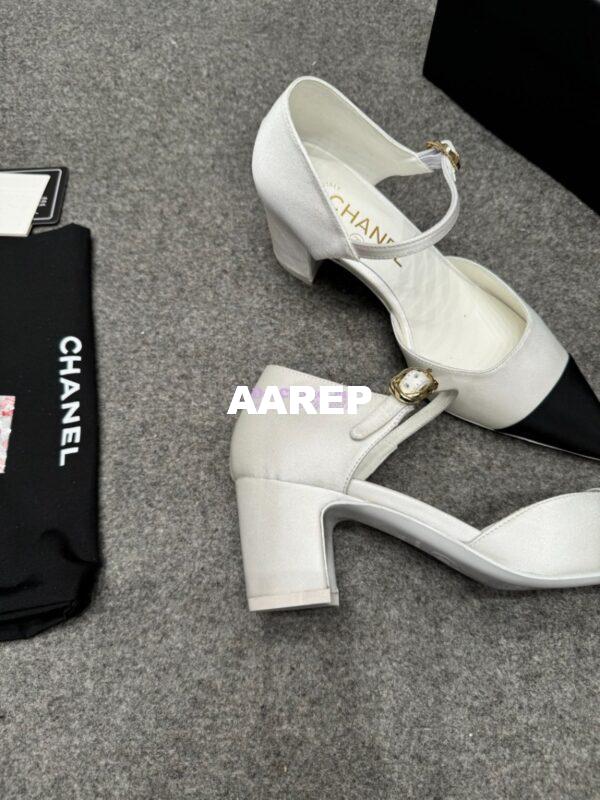 Replica Chanel 25P Mary Jane Pointed Pumps 65mm Satin and Grossgrain G46377 White 11