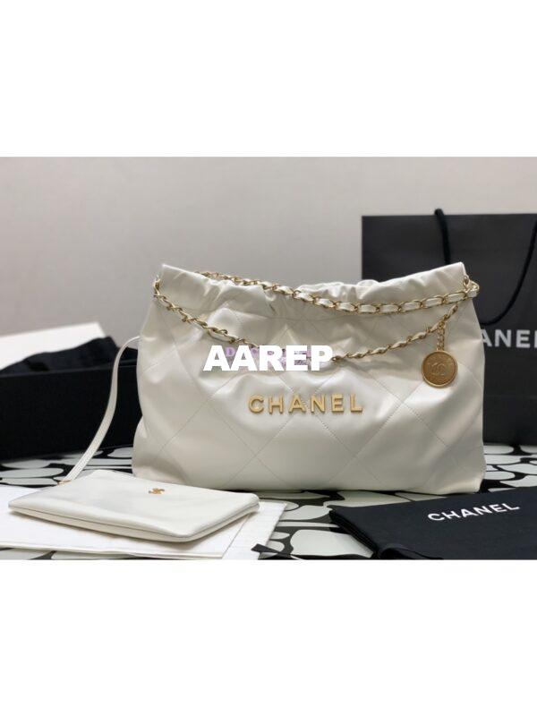 Replica Chanel 22 Handbag Shiny Calfskin & Gold Metal AS4486 White 2