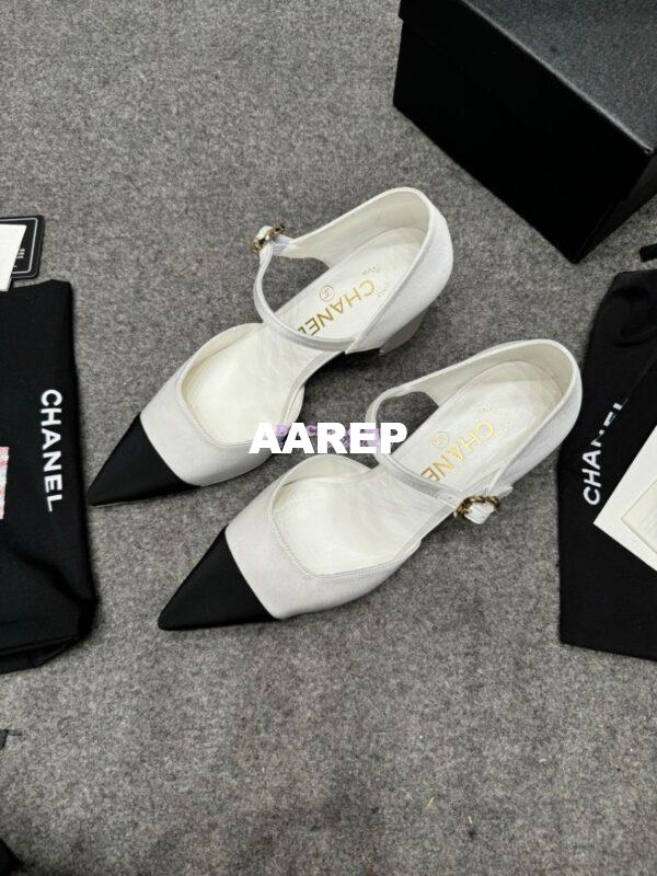Replica Chanel 25P Mary Jane Pointed Pumps 65mm Satin and Grossgrain G46377 White 12