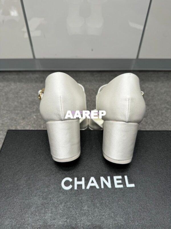 Replica Chanel 25P Mary Jane Pointed Pumps 65mm Satin and Grossgrain G46377 White 13
