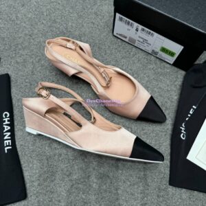 Replica Chanel 25P Mary Jane Slingbacks Satin and Grossgrain G46375 Beige 2