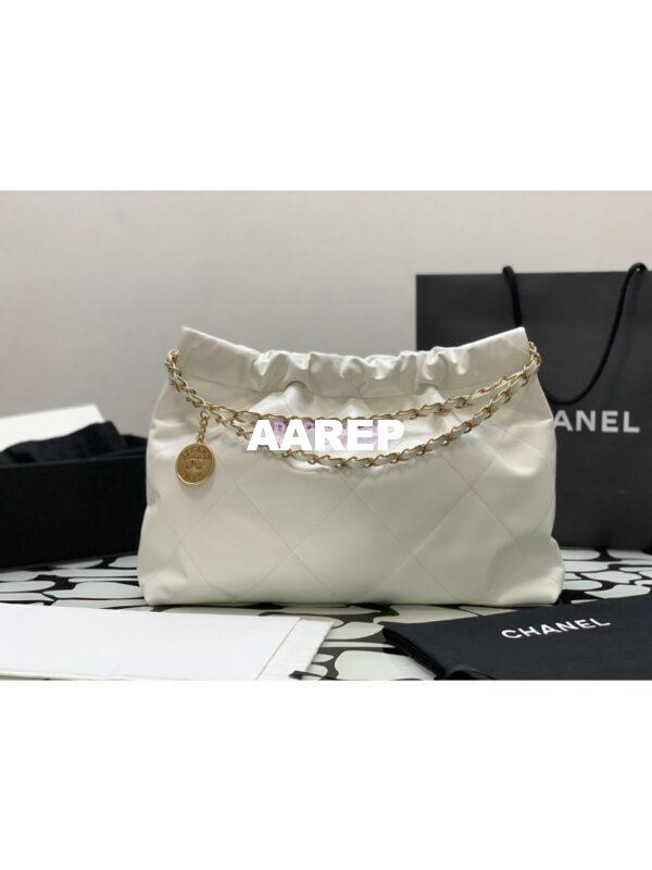 Replica Chanel 22 Handbag Shiny Calfskin & Gold Metal AS4486 White 9