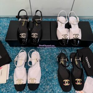 Replica Chanel 25C Mary Janes Slingback Flats Lambskin and Patent Toe G46270 Black