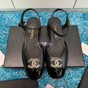 Replica Chanel 25C Mary Janes Slingback Flats Lambskin and Patent Toe G46270 Black 2