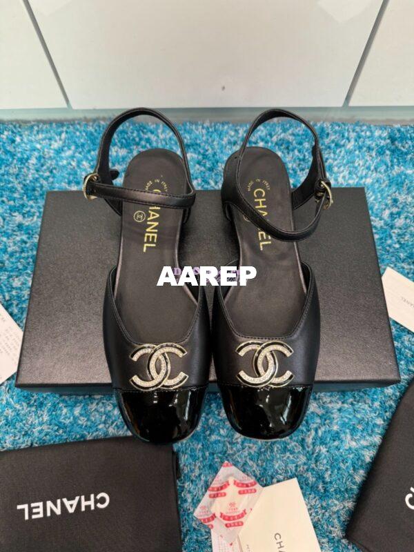 Replica Chanel 25C Mary Janes Slingback Flats Lambskin and Patent Toe G46270 Black 4