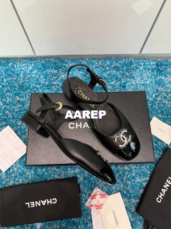 Replica Chanel 25C Mary Janes Slingback Flats Lambskin and Patent Toe G46270 Black 6