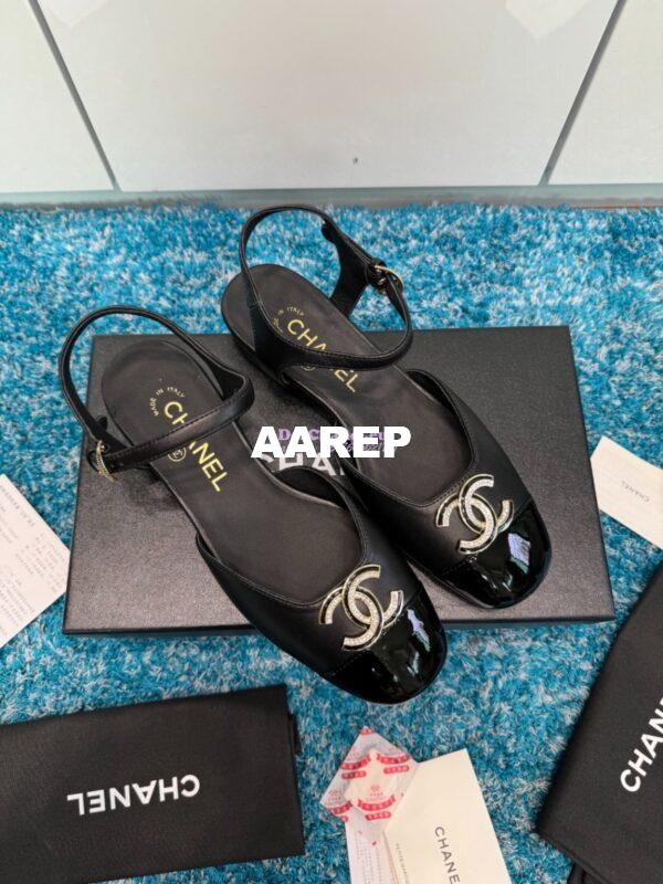 Replica Chanel 25C Mary Janes Slingback Flats Lambskin and Patent Toe G46270 Black 7