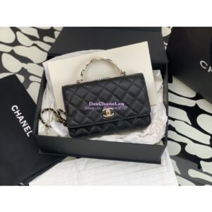 Replica Chanel Flap Phone Holder With Chain & Resin Handle WOC AP3575 Lambskin Black