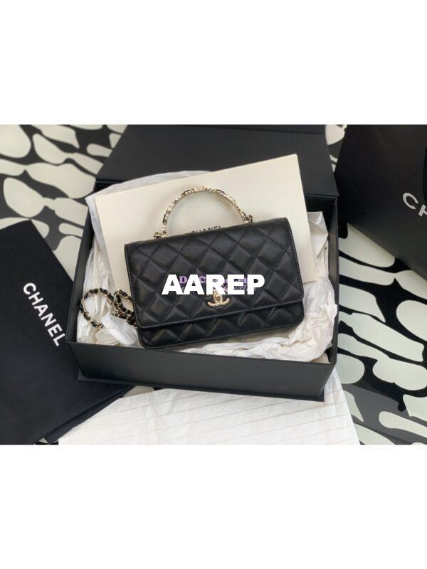 Replica Chanel Flap Phone Holder With Chain & Resin Handle WOC AP3575 Lambskin Black