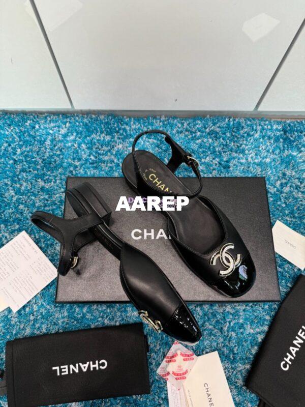 Replica Chanel 25C Mary Janes Slingback Flats Lambskin and Patent Toe G46270 Black 8