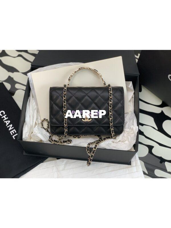 Replica Chanel Flap Phone Holder With Chain & Resin Handle WOC AP3575 Lambskin Black 2