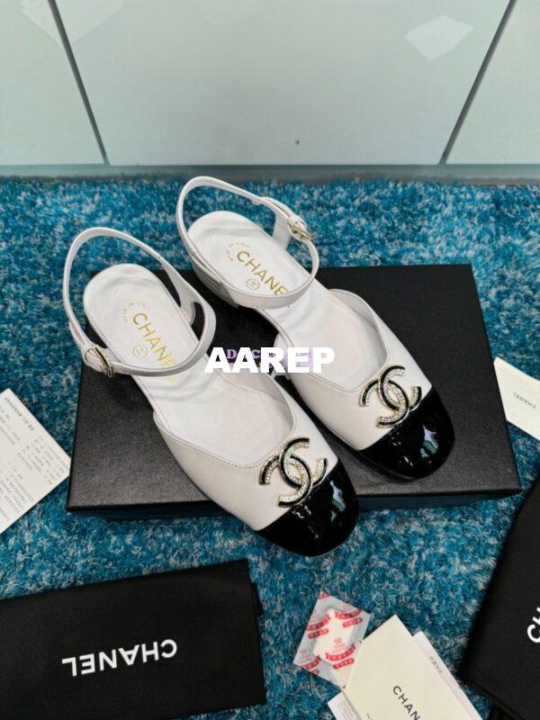 Replica Chanel 25C Mary Janes Slingback Flats Lambskin and Patent Toe G46270 White 2