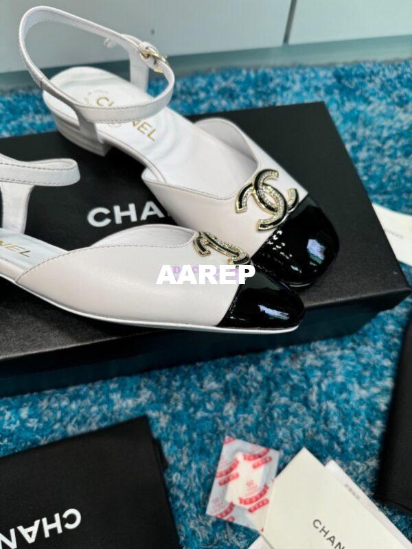 Replica Chanel 25C Mary Janes Slingback Flats Lambskin and Patent Toe G46270 White 3