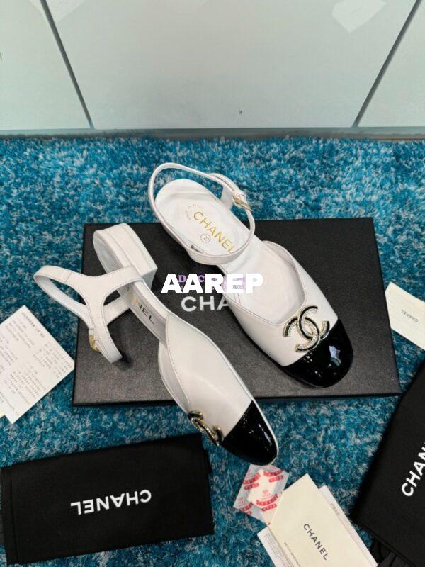 Replica Chanel 25C Mary Janes Slingback Flats Lambskin and Patent Toe G46270 White 5