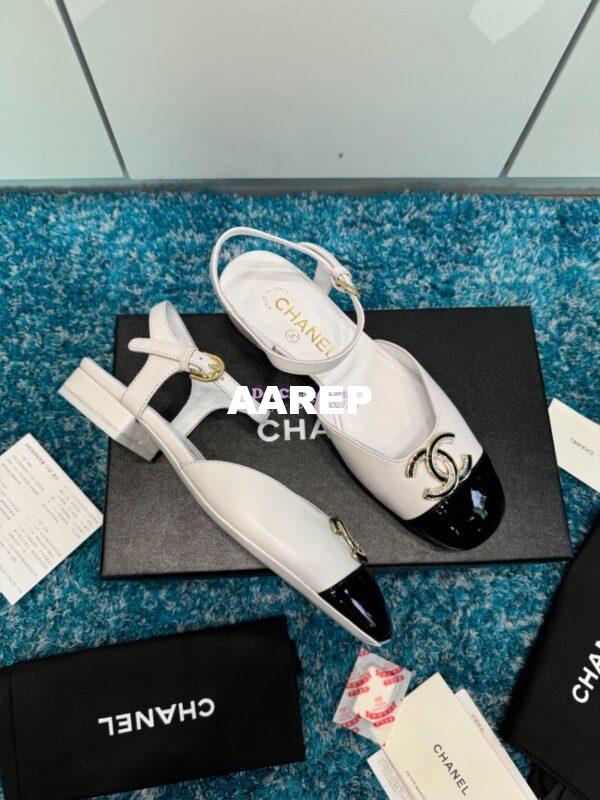 Replica Chanel 25C Mary Janes Slingback Flats Lambskin and Patent Toe G46270 White 6