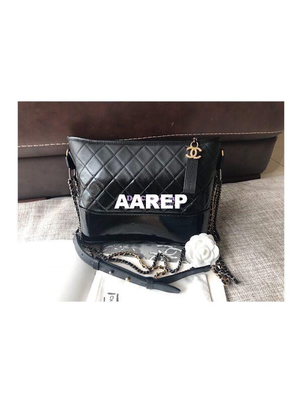Replica Chanel's Gabrielle Hobo Bag Goatskin, Patent Goatskin Black 2