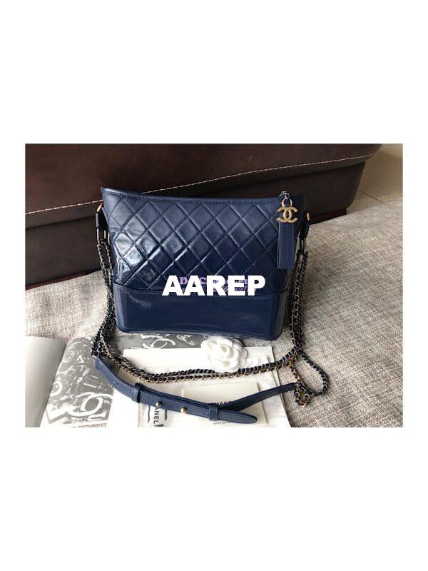 Replica Chanel's Gabrielle Hobo Bag Goatskin, Patent Goatskin Dark Blue 2
