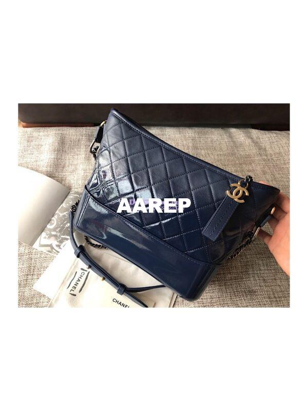 Replica Chanel's Gabrielle Hobo Bag Goatskin, Patent Goatskin Dark Blue 3