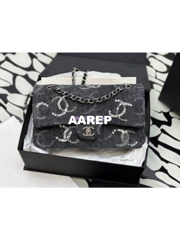 Replica Chanel 24C Quilted Denim CC Sequined Medium Double Flap CF Bag 1112 Black 3