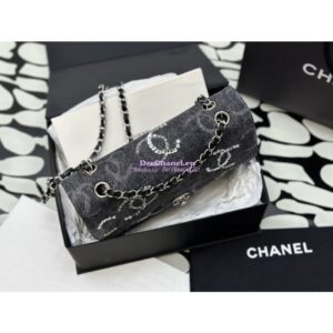 Replica Chanel 24C Quilted Denim CC Sequined Medium Double Flap CF Bag 1112 Black 2