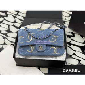 Replica Chanel Quilted Denim CC Sequined Medium Double Flap CF Bag 1112 Blue