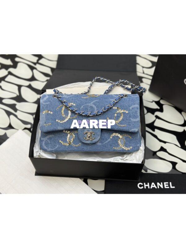 Replica Chanel Quilted Denim CC Sequined Medium Double Flap CF Bag 1112 Blue 3