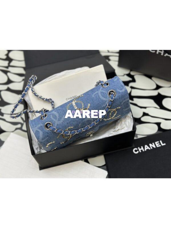 Replica Chanel Quilted Denim CC Sequined Medium Double Flap CF Bag 1112 Blue 4