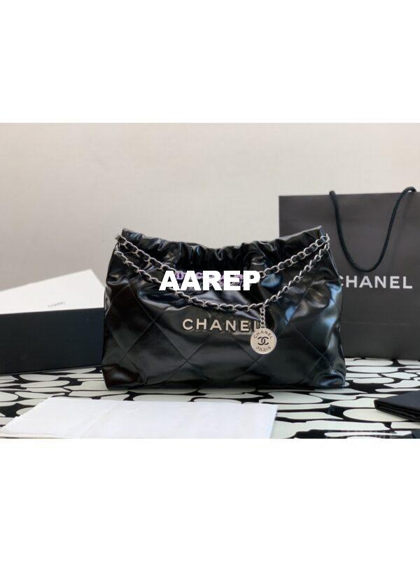 Replica Chanel 22 Handbag Shiny Calfskin & Silver Metal AS4486 Black