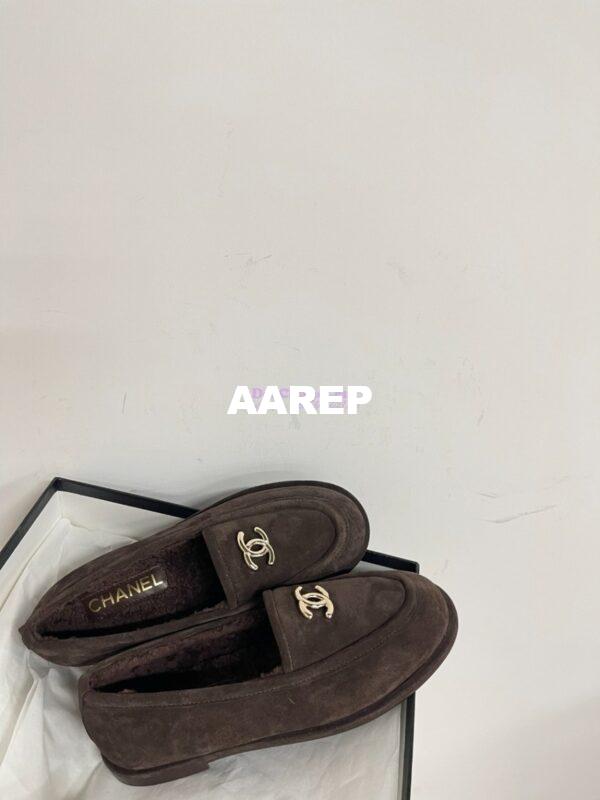 Replica Chanel 24P CC Suede and Wool Moccasins G45886 Dark Brown 7