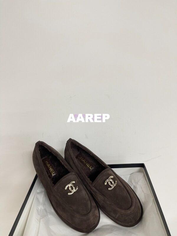 Replica Chanel 24P CC Suede and Wool Moccasins G45886 Dark Brown 8