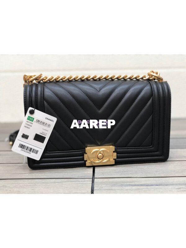 Replica Chanel Chevron Boy Flap Bag in Lambskin Black