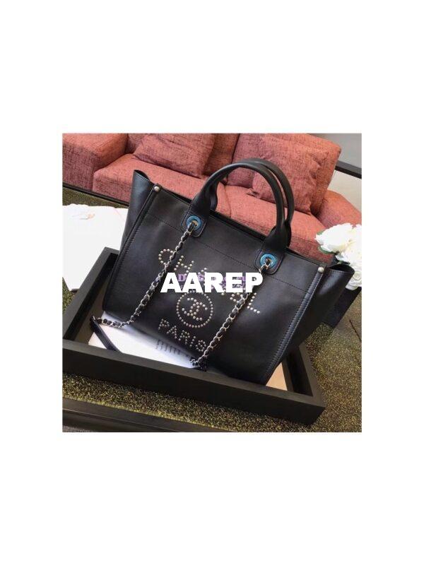 Replica Chanel Studded black Calfskin Deauville Small Shopping Bag A57069 2