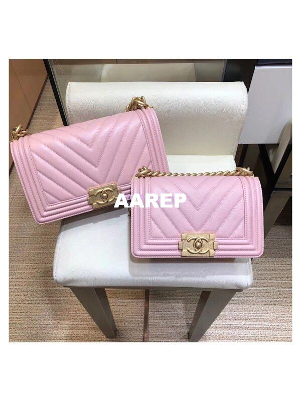 Replica Chanel Chevron Boy Flap Bag in Caviar Matte Gold Hardware Light Pink