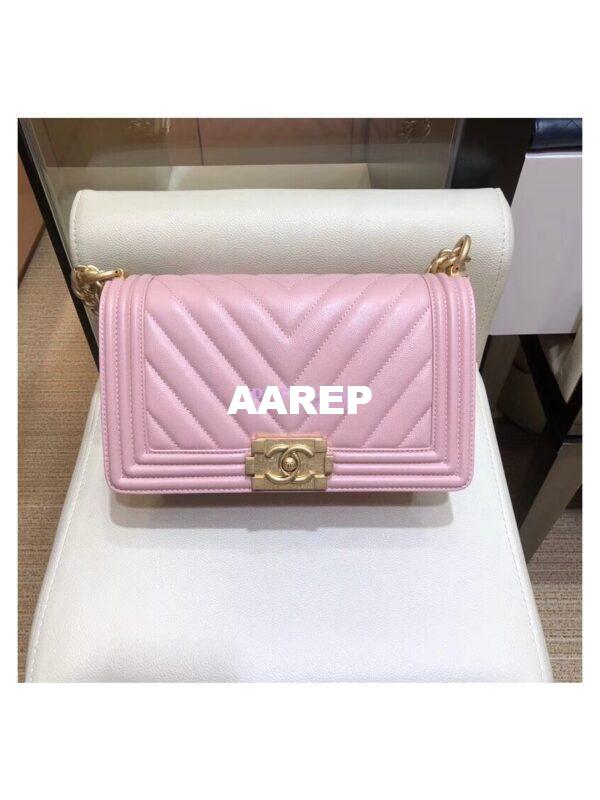 Replica Chanel Chevron Boy Flap Bag in Caviar Matte Gold Hardware Light Pink 4