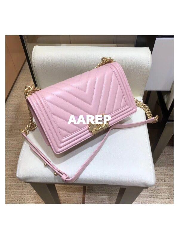 Replica Chanel Chevron Boy Flap Bag in Caviar Matte Gold Hardware Light Pink 5